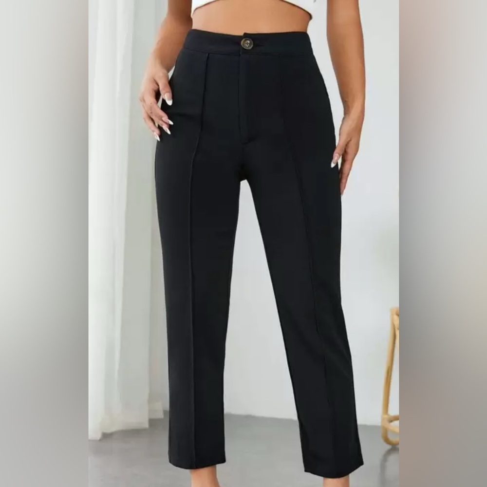 NWOT SHEIN High Waisted Black Petite Pants, Large, Tapered with Crease, Cropped